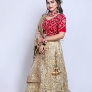 Elegant Red and Golden Bridal Lehenga with Floral Jewellery