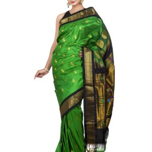 Green Paithani Silk Saree with Black and Golden Zari Border
