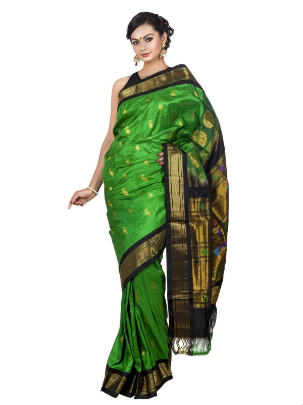 Green Paithani Silk Saree with Black and Golden Zari Border