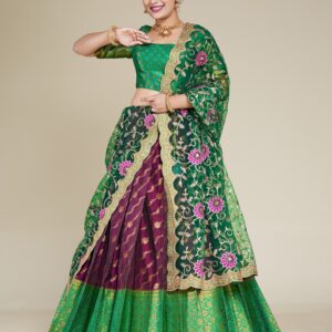 Green and Purple Silk Half Saree with Embroidered Dupatta
