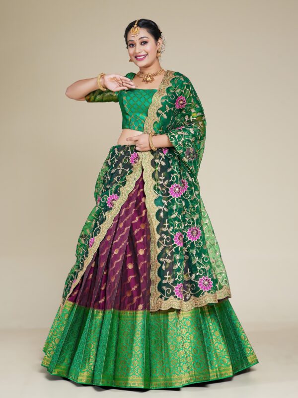 Green and Purple Silk Half Saree with Embroidered Dupatta