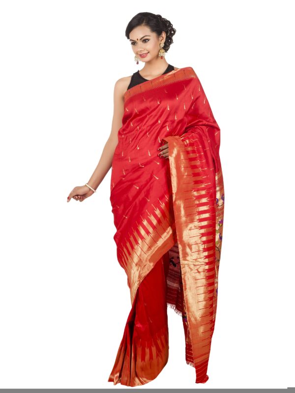 Traditional Red Paithani Silk Saree with Golden Zari Border