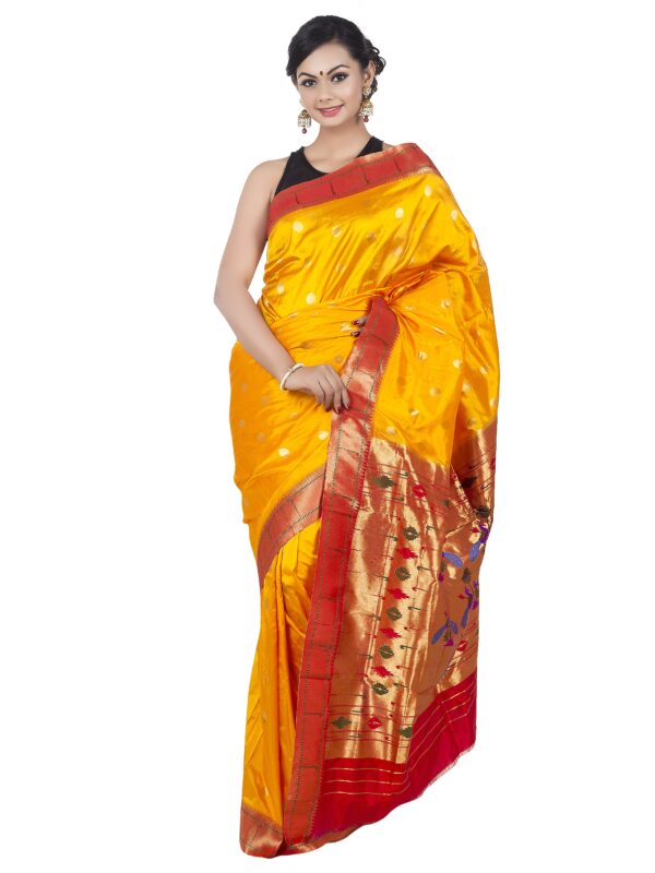 Yellow Paithani Silk Saree with Red Border and Golden Pallu